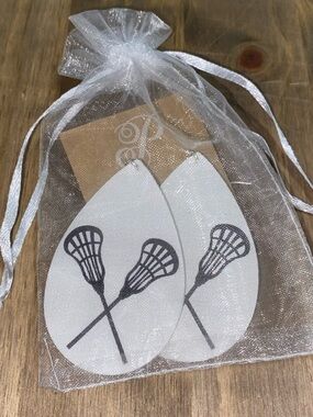 #1104 Plunder White Teardrop Lacrosse Earrings with Black Stick Graphic